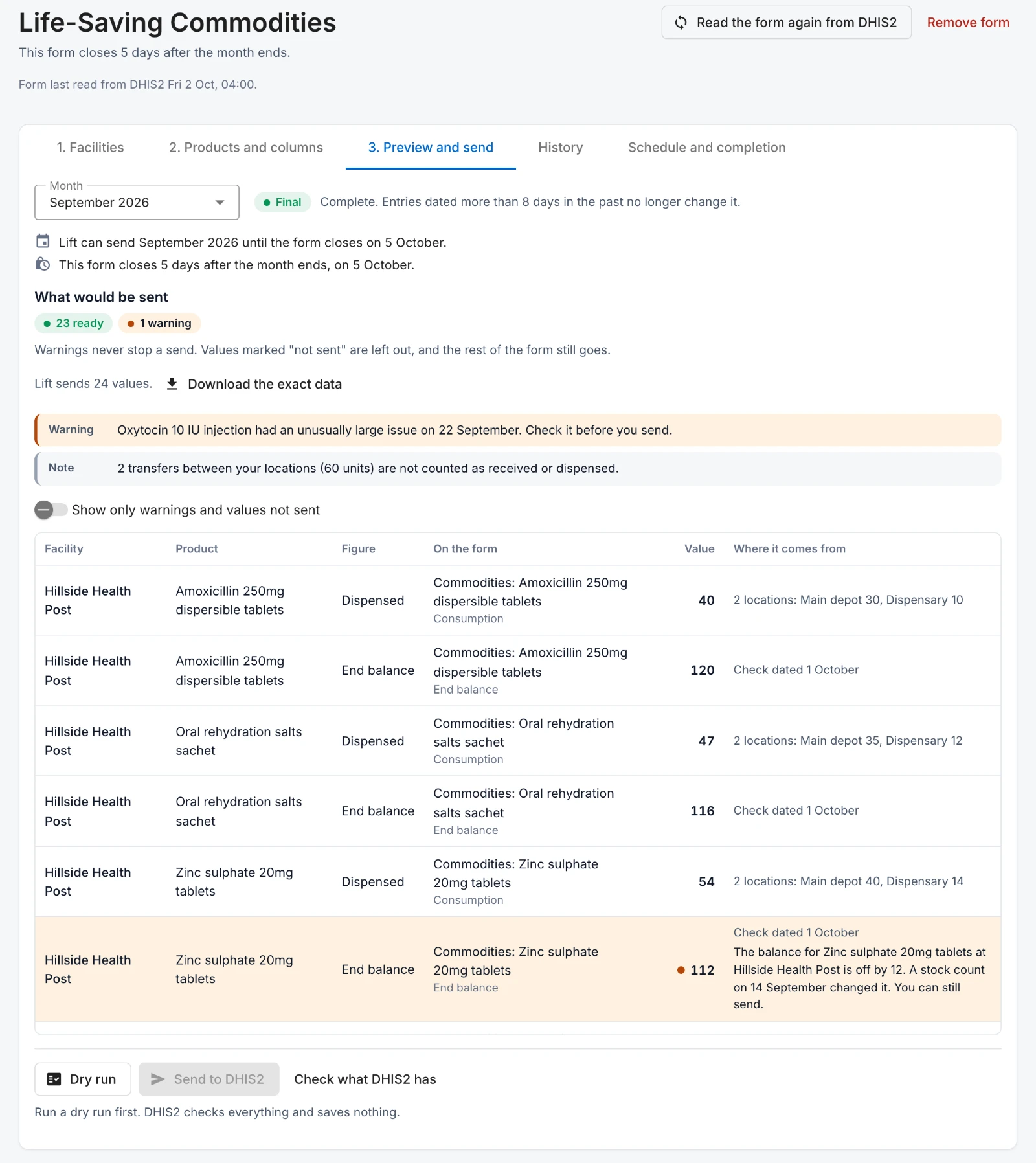A DHIS2 form in the portal, on the Preview and send tab. It shows the month, when the form closes on the DHIS2 server, 23 values ready and 1 warning, and a table of each value with its facility, product, the field it fills on the DHIS2 form and where the number comes from in OpenBoxes.