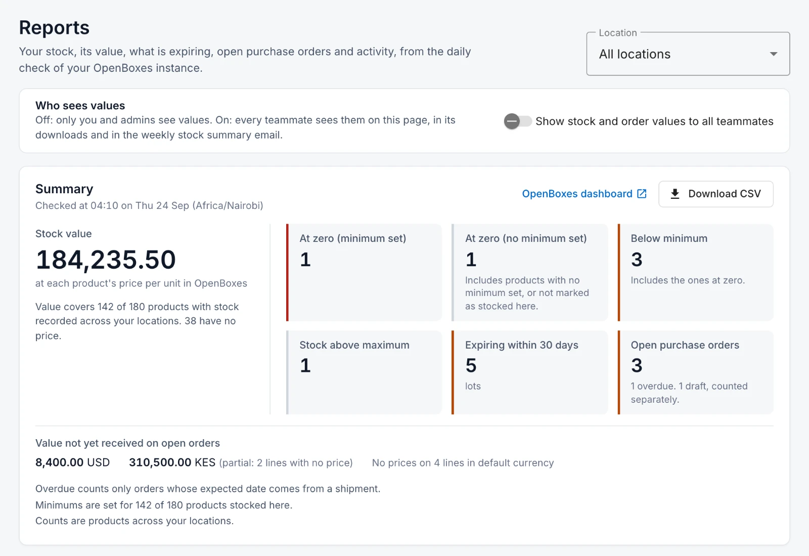 The Reports page in the portal. The summary card shows the stock value, the number of products at zero and below their minimum, lots expiring within 30 days and open purchase orders, with a link to the OpenBoxes dashboard and a CSV download.