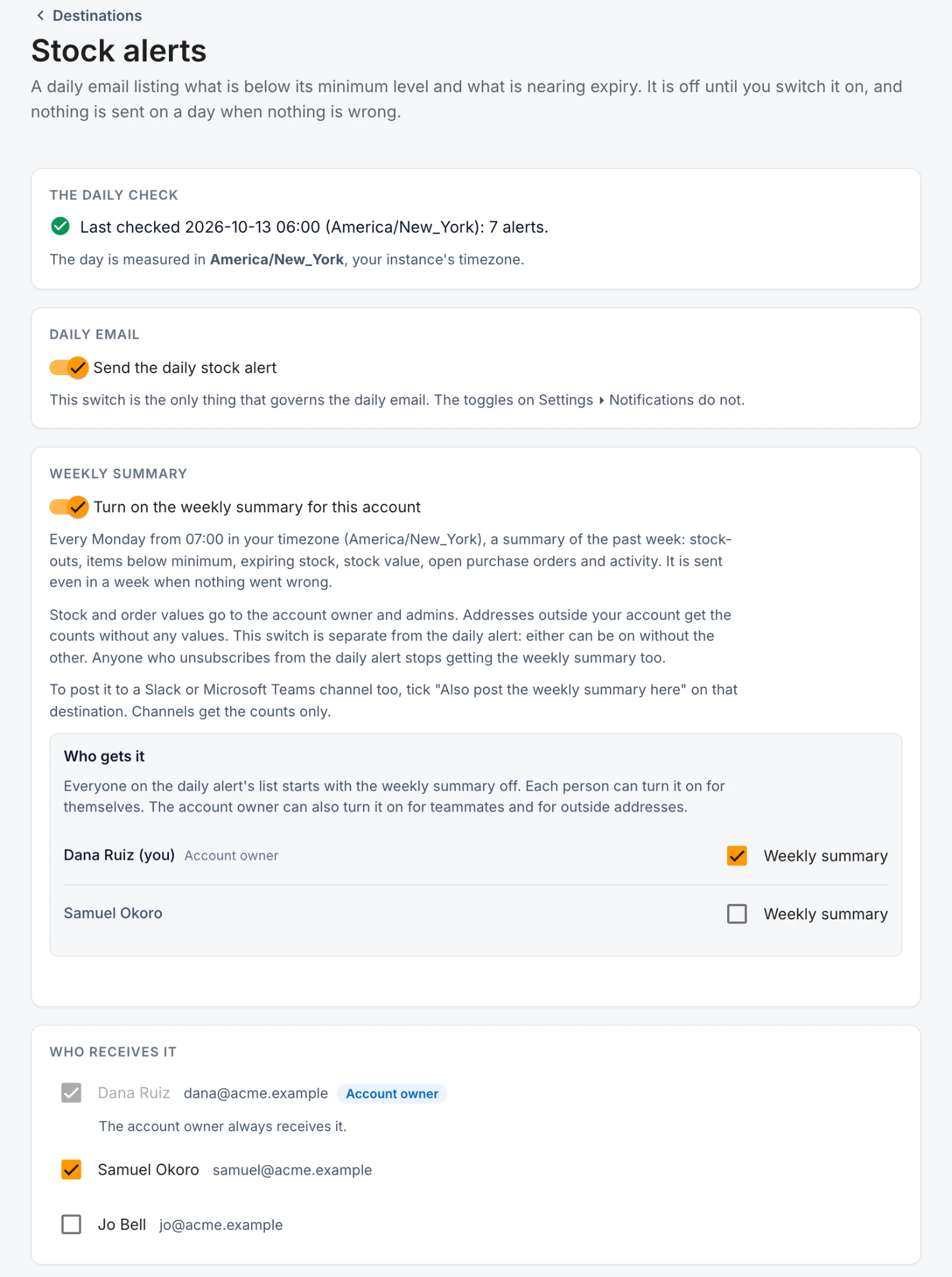 The Stock alerts page in the OpenBoxes Lift portal. The last daily check found 7 alerts. The daily email is switched on, and the account owner and one teammate are ticked to receive it. The weekly summary is switched on for the account and ticked for the account owner only.